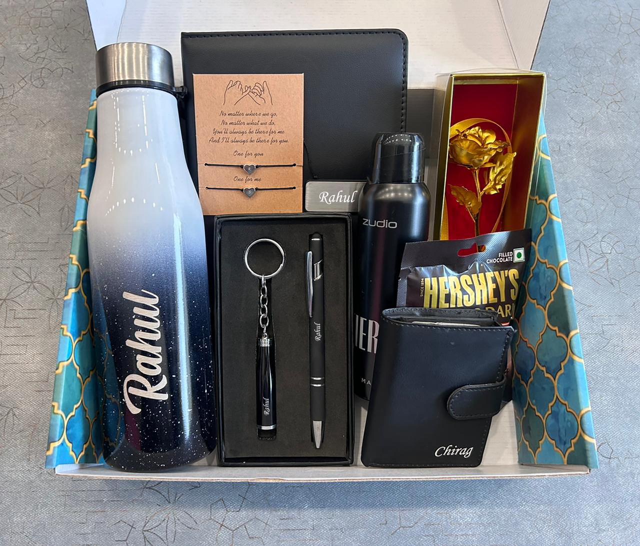 Custom Name Engraved Men's Combo: Insulated Bottle, Leather Wallet, Pen & Diary Gift Set