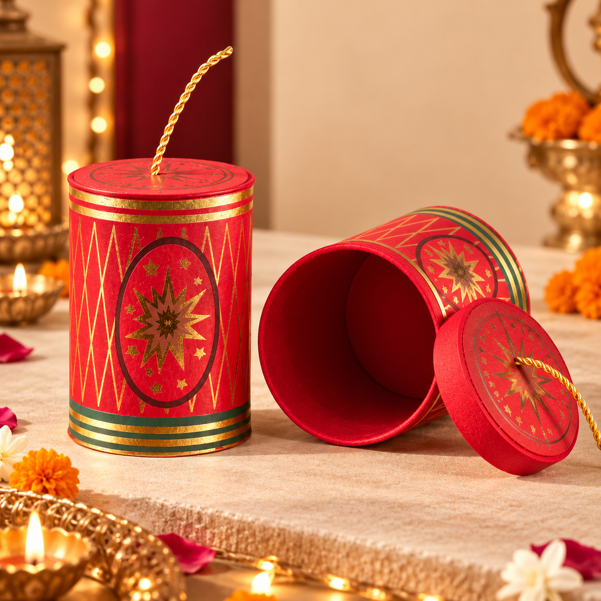 Laxmi Bomb Box – Premium Red & Gold Diwali Gift Box
