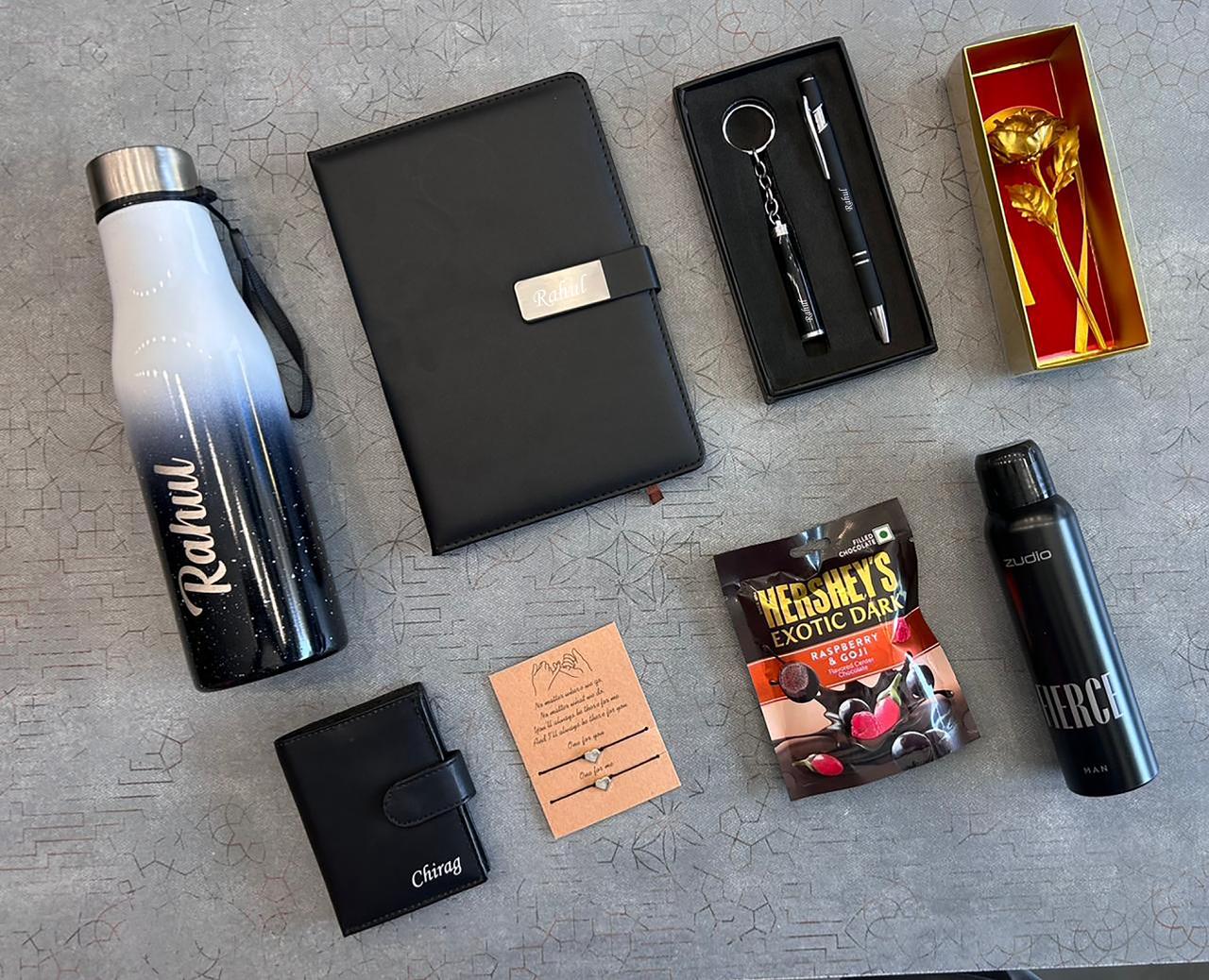 Custom Name Engraved Men's Combo: Insulated Bottle, Leather Wallet, Pen & Diary Gift Set