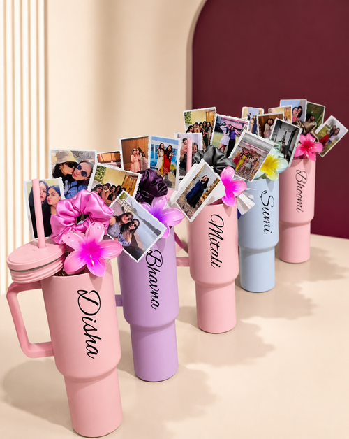 Personalized Cute Tumbler Gift Hamper for Her | Custom Name Tumbler with Photos & Accessories