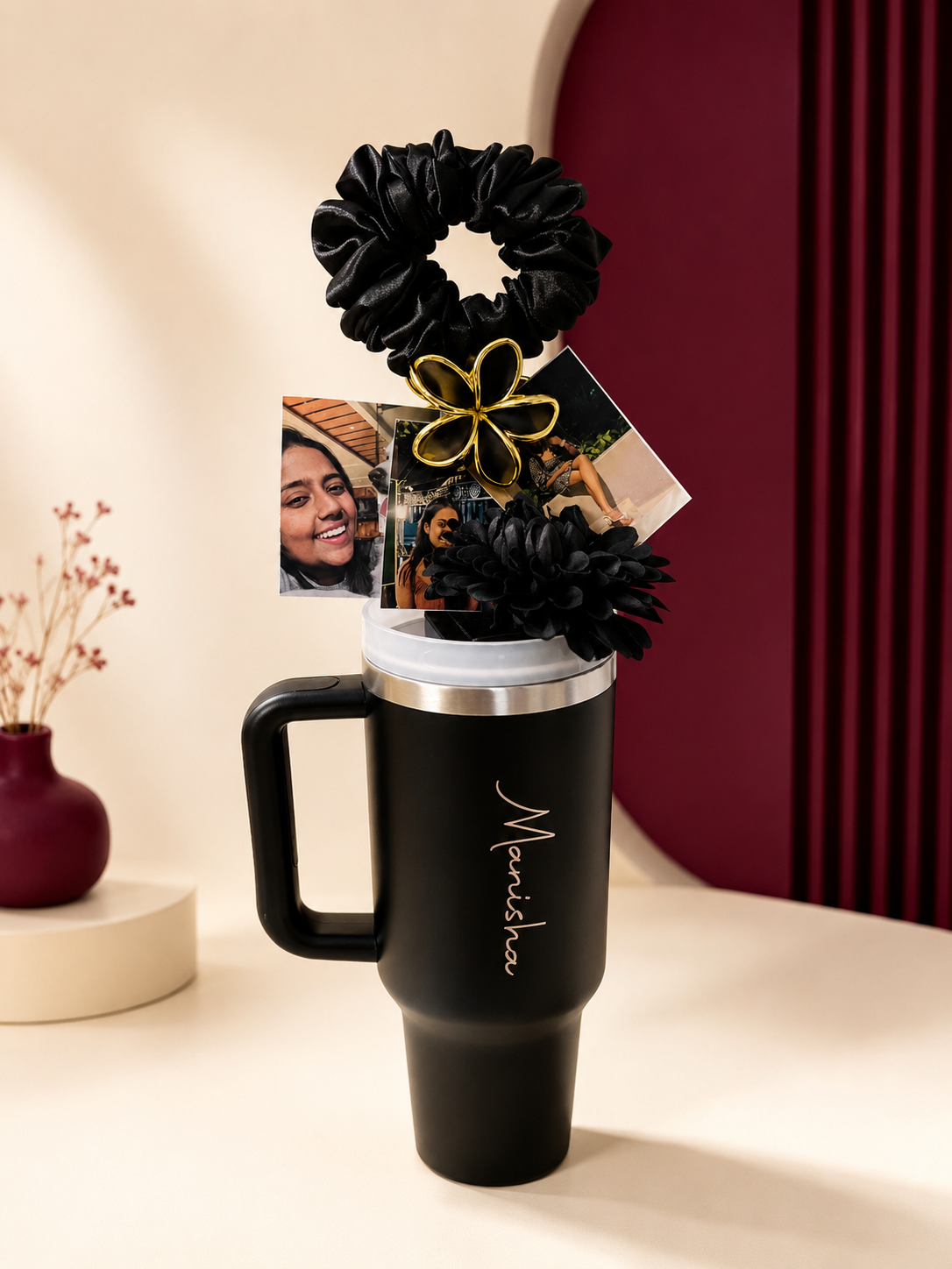 Personalized Cute Tumbler Gift Hamper for Her | Custom Name Tumbler with Photos & Accessories
