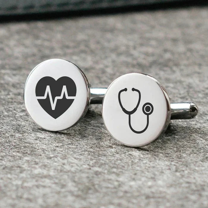 Eraya Jewel Personalized Doctor Cufflinks in polished Silver, featuring a medical emblem and custom engraving option – Thoughtful gift for medical professionals