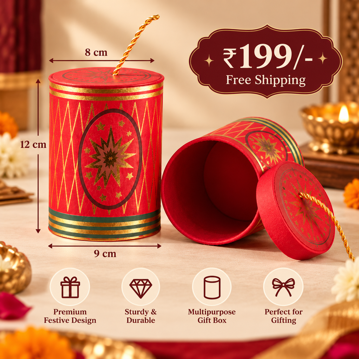 Laxmi Bomb Box – Premium Red & Gold Diwali Gift Box