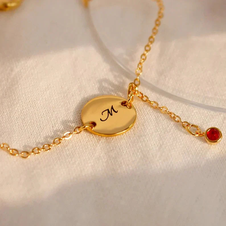 Custom Letter Coin Anklet with Drop Gemstone