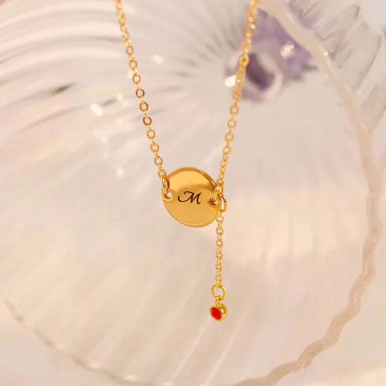 Custom Letter Coin Anklet with Drop Gemstone