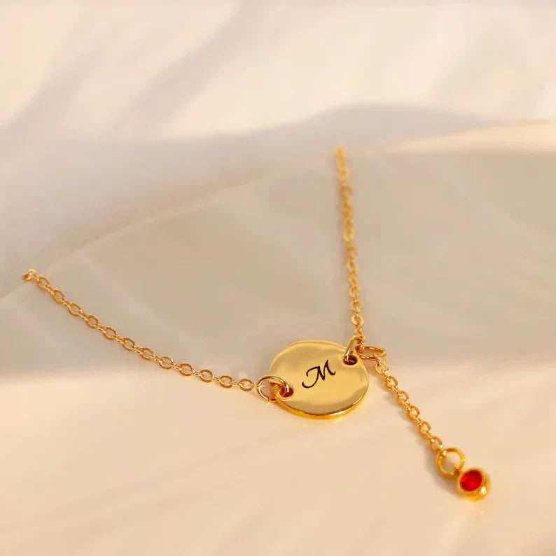Custom Letter Coin Anklet with Drop Gemstone