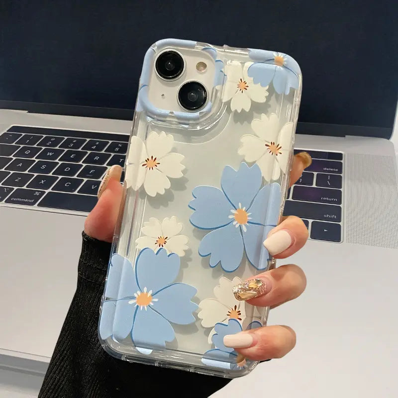 Aesthetic Blue & White Flower Transparent Phone Case