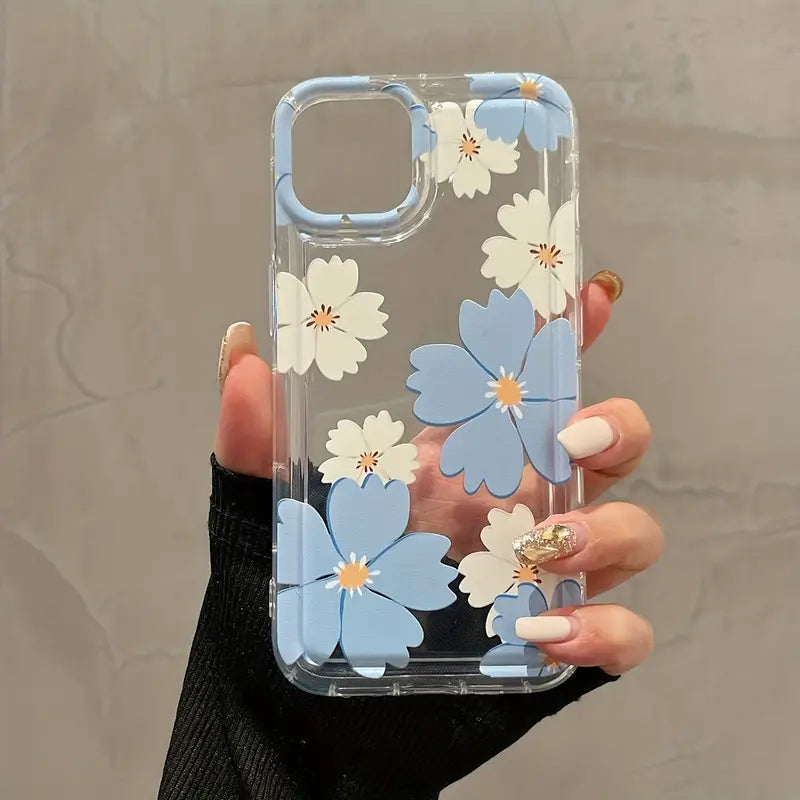 Aesthetic Blue & White Flower Transparent Phone Case