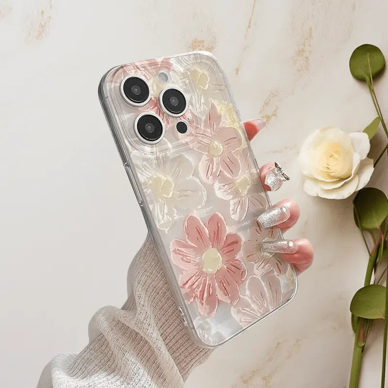 Aesthetic Pink Flower Oil Art Clear Phone Case