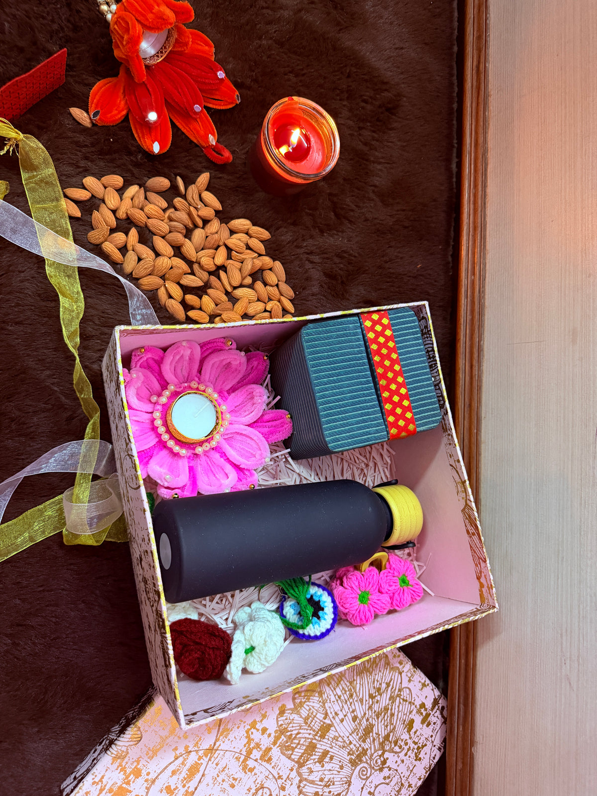 Premium Diwali Gift Hamper with Insulated Bottle, Wallet & Crochet Flowers