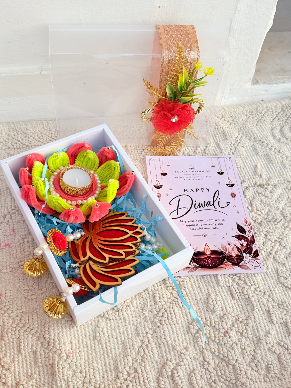 Traditional Diwali Gift Hamper with Lotus Hanging, Decorative Diya & Festive Card