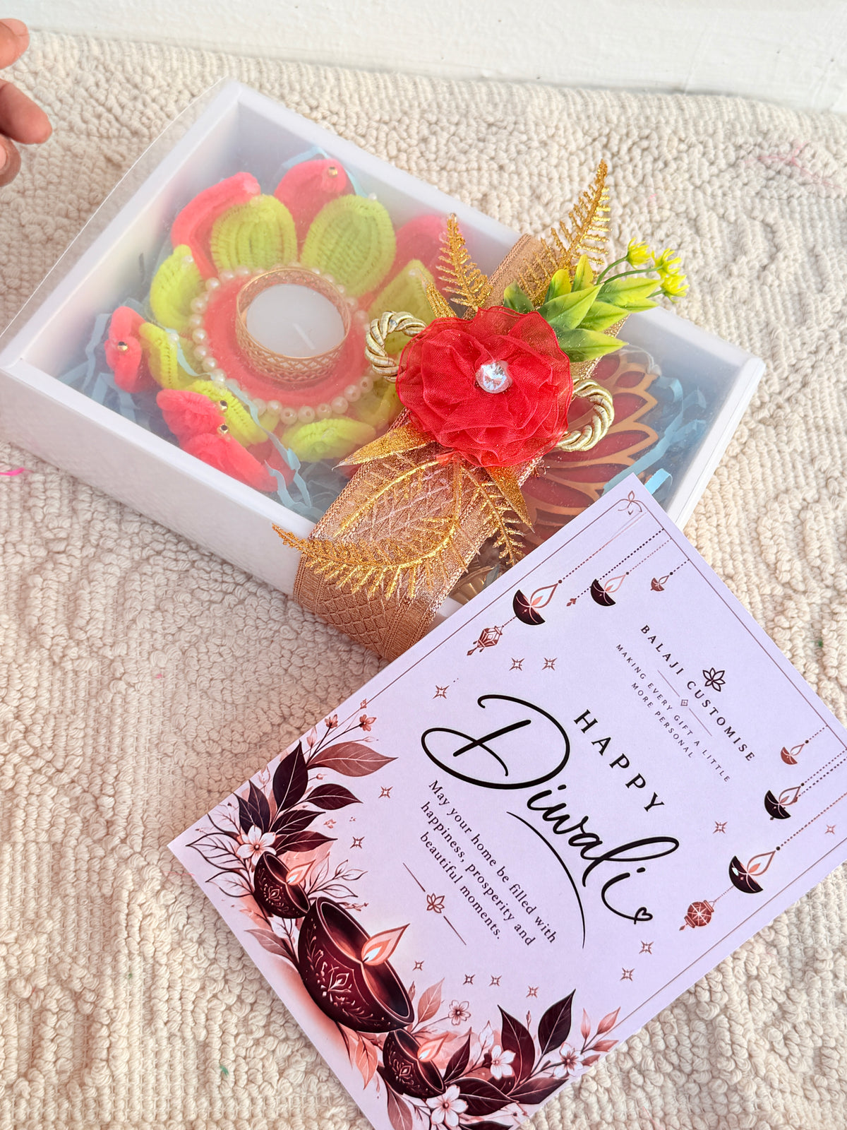 Traditional Diwali Gift Hamper with Lotus Hanging, Decorative Diya & Festive Card