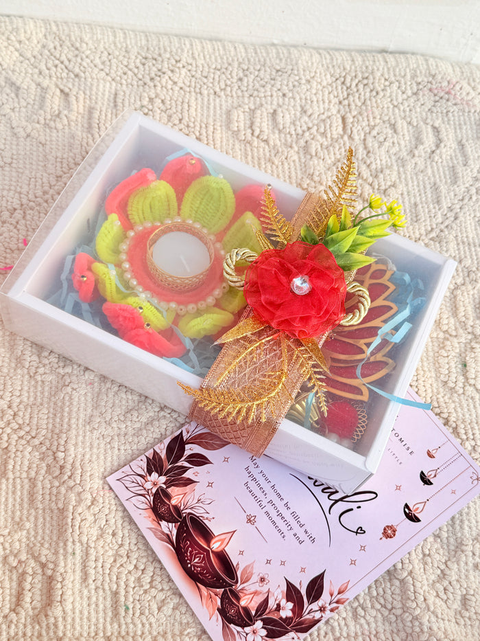 Traditional Diwali Gift Hamper with Lotus Hanging, Decorative Diya & Festive Card