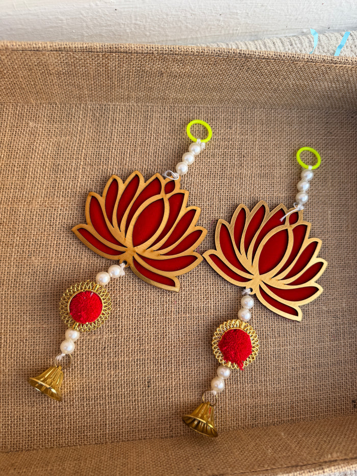 Traditional Red Lotus Hanging with Pearl Beads & Golden Bells