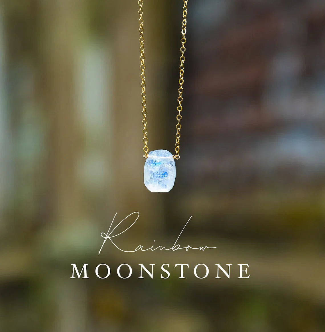 Model wearing a Natural Rainbow Moonstone Necklace with a round pendant, highlighting the stone's colorful sheen and elegant design