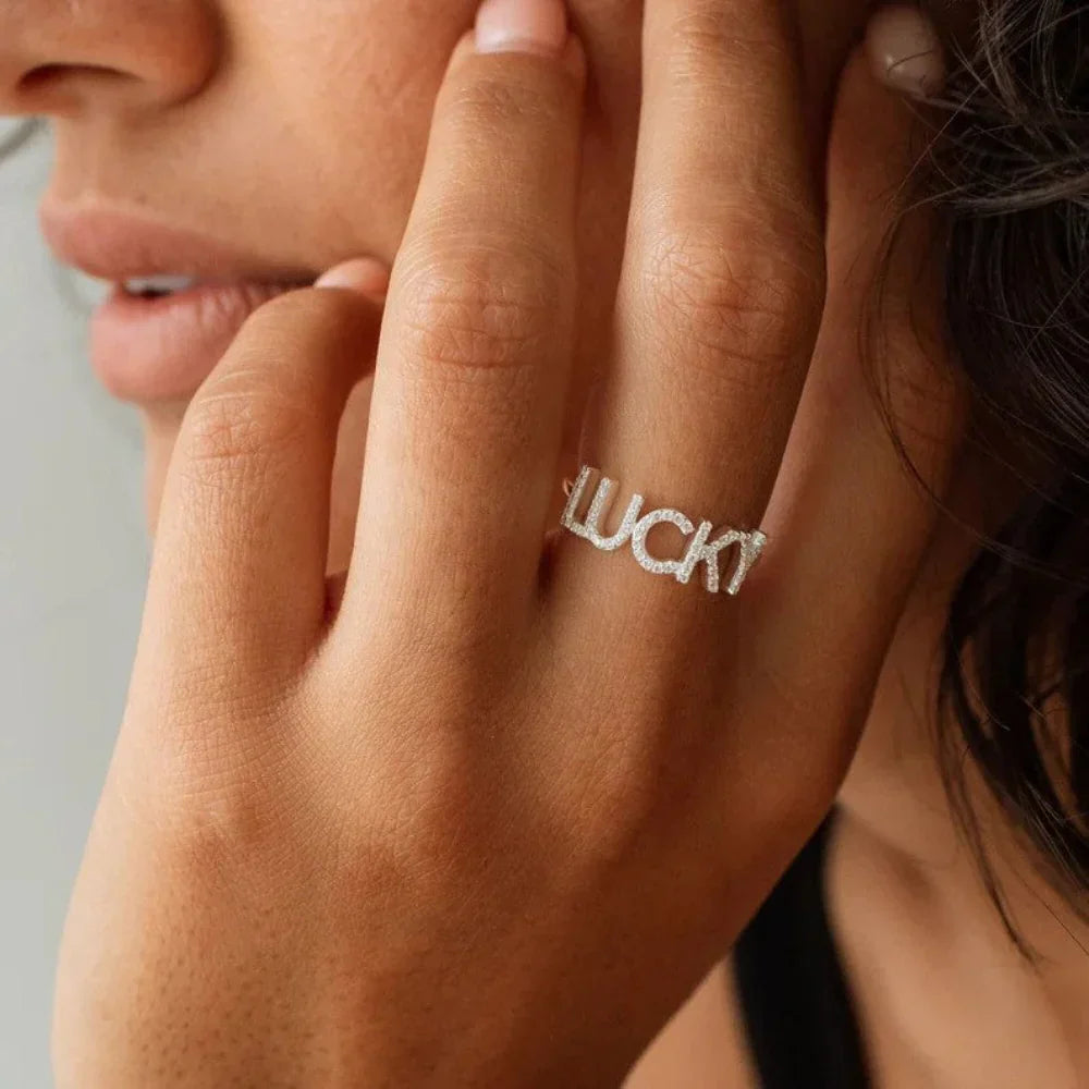 Model wearing sterling silver Custom Diamond Name Ring, showcasing personalized diamond jewellery.