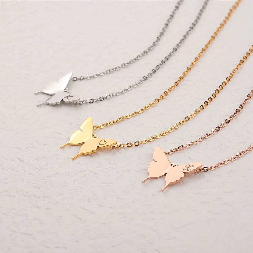 Butterfly Necklace with Engraved Initial Letter