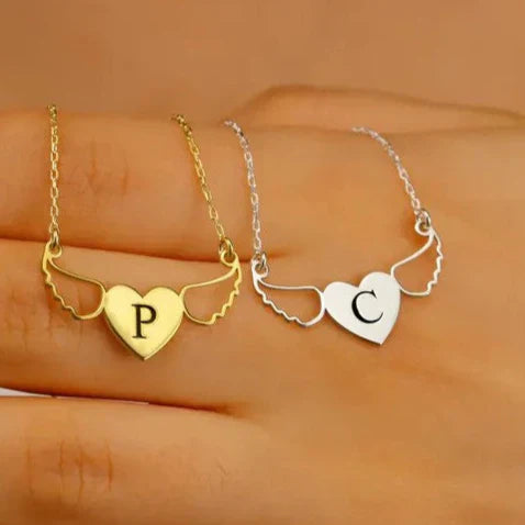 Angel Wing Heart Necklace with Custom Initial