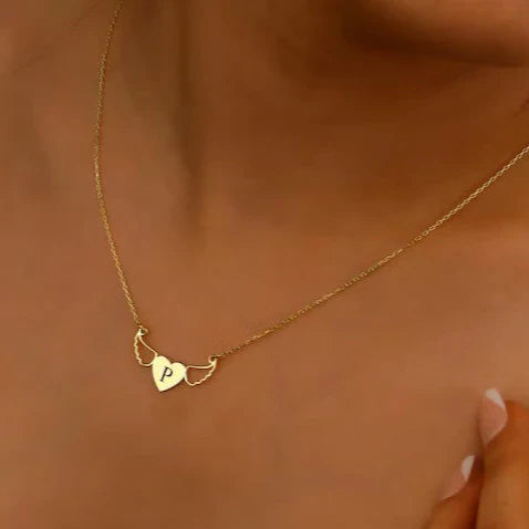 Angel Wing Heart Necklace with Custom Initial