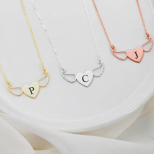 Angel Wing Heart Necklace with Custom Initial