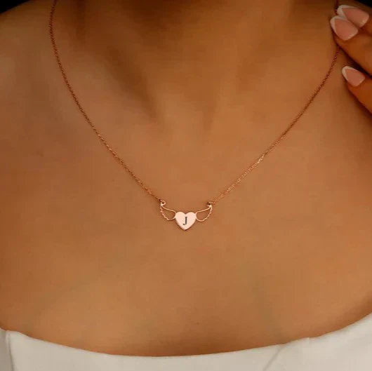 Angel Wing Heart Necklace with Custom Initial