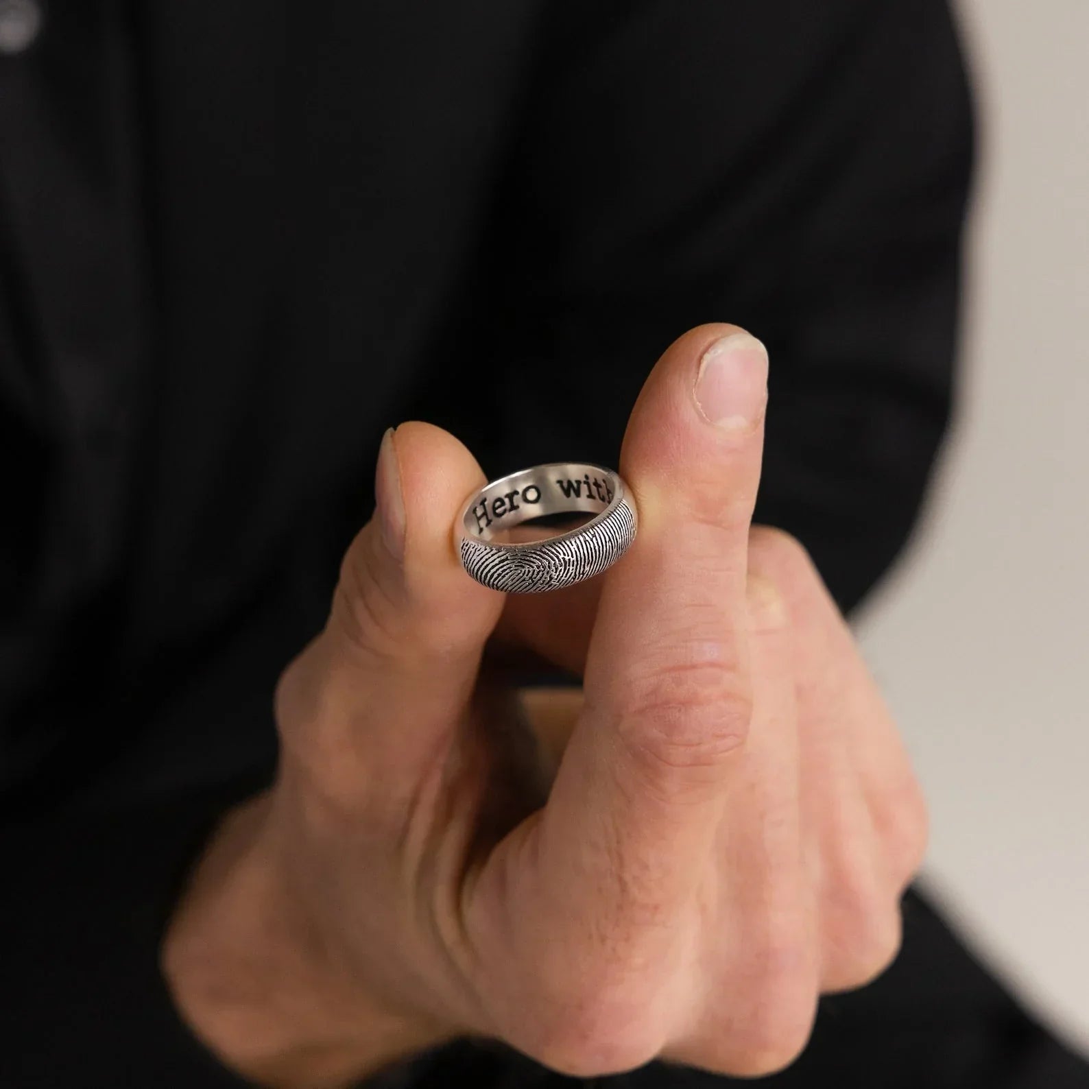 Sterling silver Thick Half Round Fingerprint Ring with detailed custom fingerprint engraving.