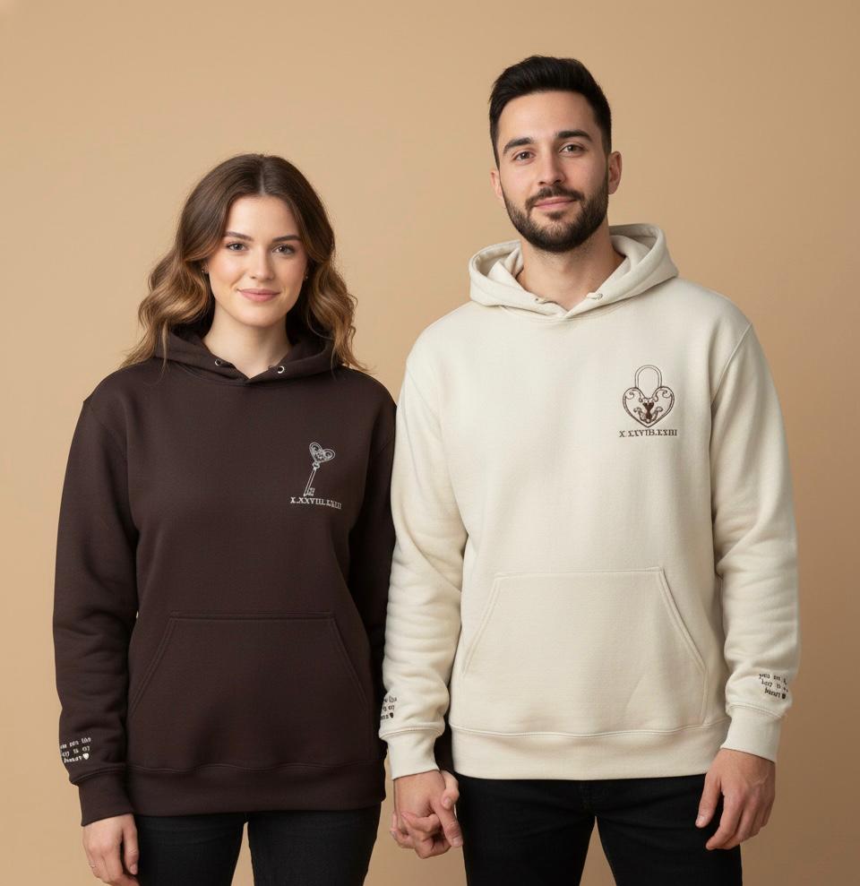 Lock and Key embroidery  Matching Couple Hoodies – Unisex His & Her hoodies