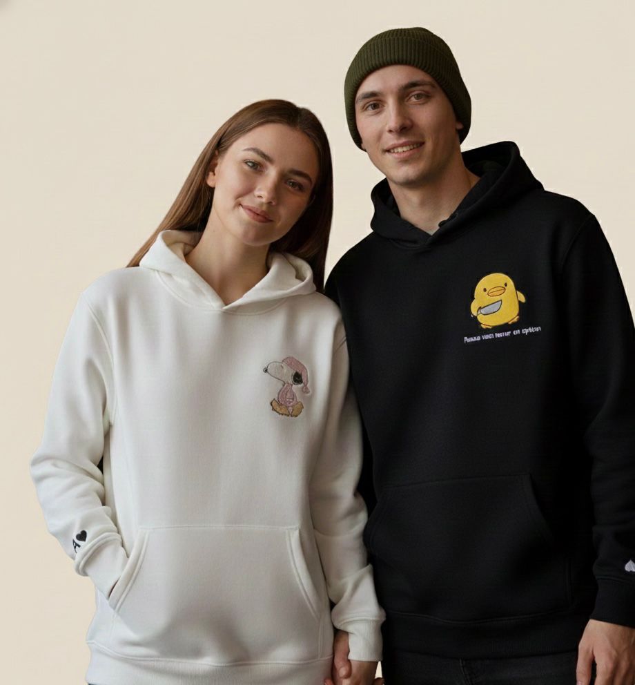 Cartoon Duck & Dog Embroidered Cute Matching Couple Hoodies