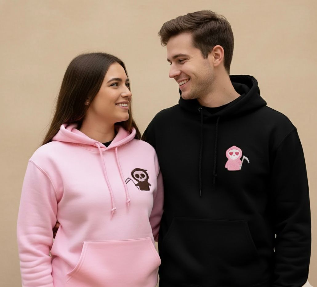 Matching Couple Hoodies with Cute Grim Reaper Design – His & Hers Unisex hoodies