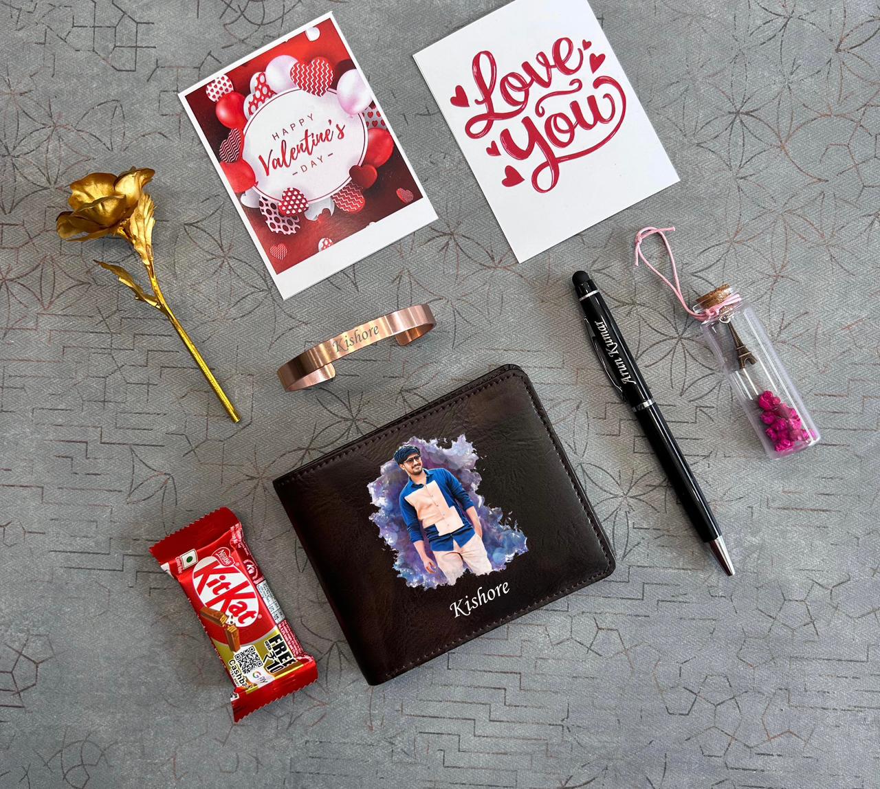 Custom Gift Combo for Him: Photo Print Leather Wallet, Engraved Pen & Bracelet