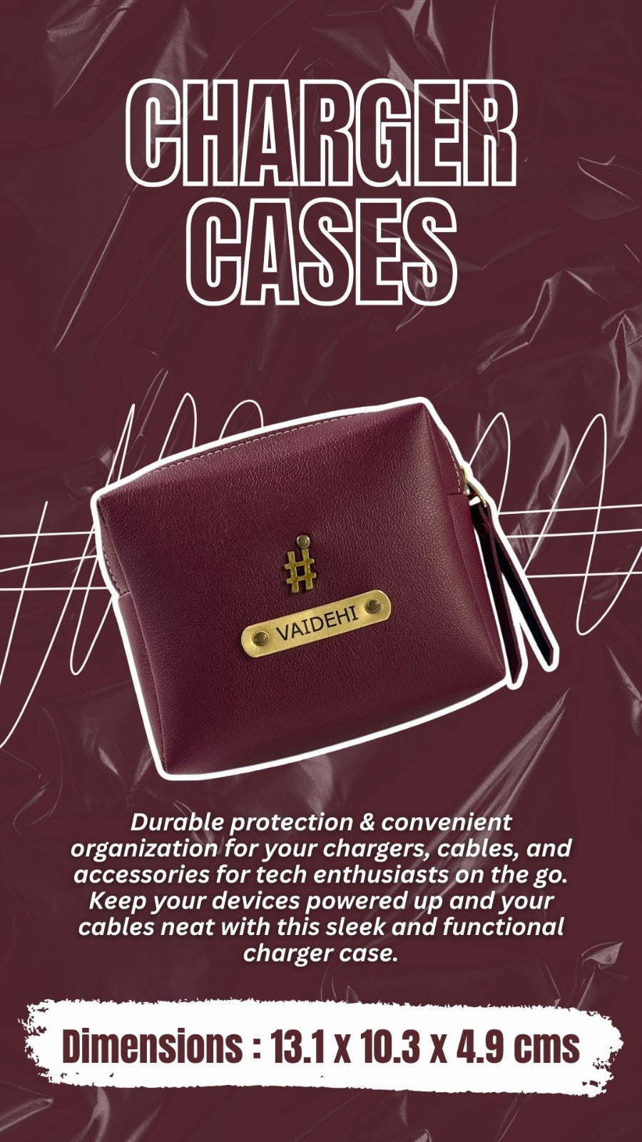 Personalised Charger Case with Name Tag & Charm | Custom Cable Organizer Pouch