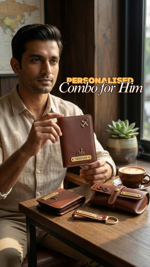 Personalised Gift Set for Him | Wallet, Keychain, Luggage Tag & Eyewear Case Combo