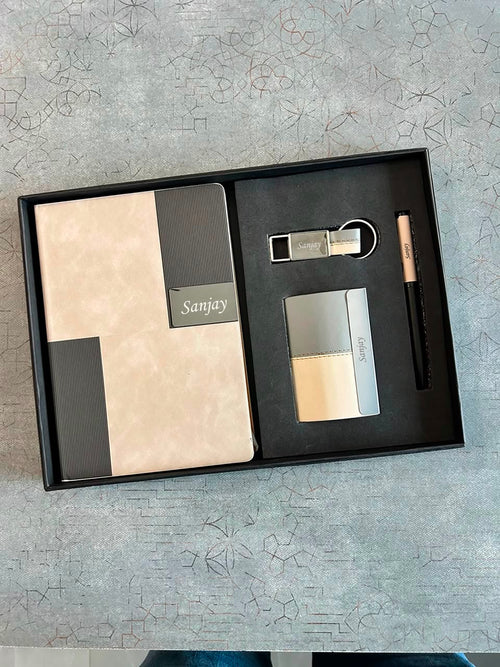 4 in 1 Ivory Gift Set with Name Customization | Premium Diary, Pen, Keychain & Card Holder Gift Box