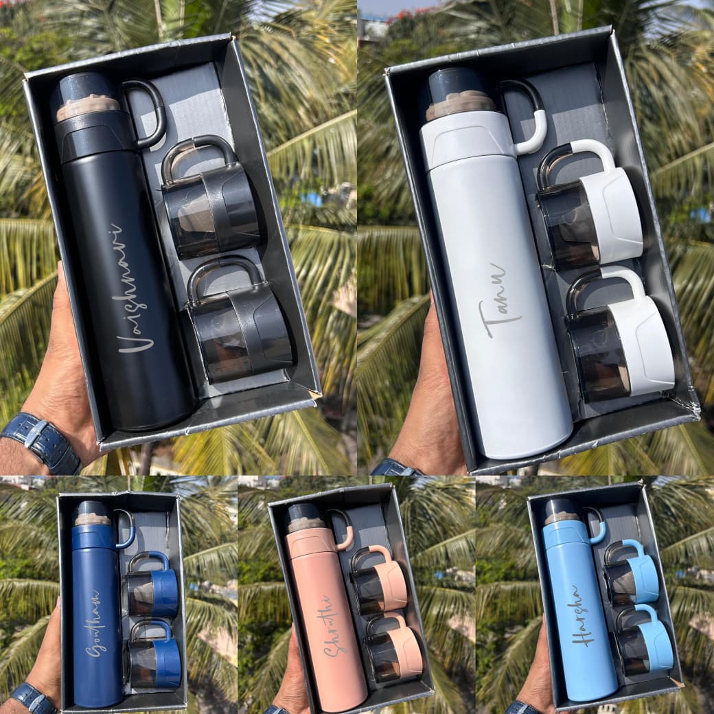 Personalized Alexa Flask Cup Gift Set | 500ML Flask with 2 Cups | Custom Name Engraved Gift Set