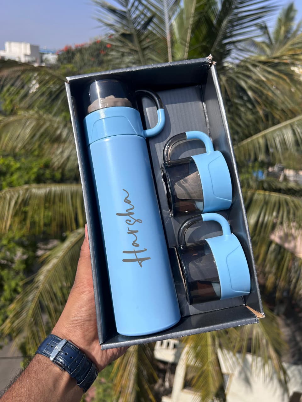 Personalized Alexa Flask Cup Gift Set | 500ML Flask with 2 Cups | Custom Name Engraved Gift Set