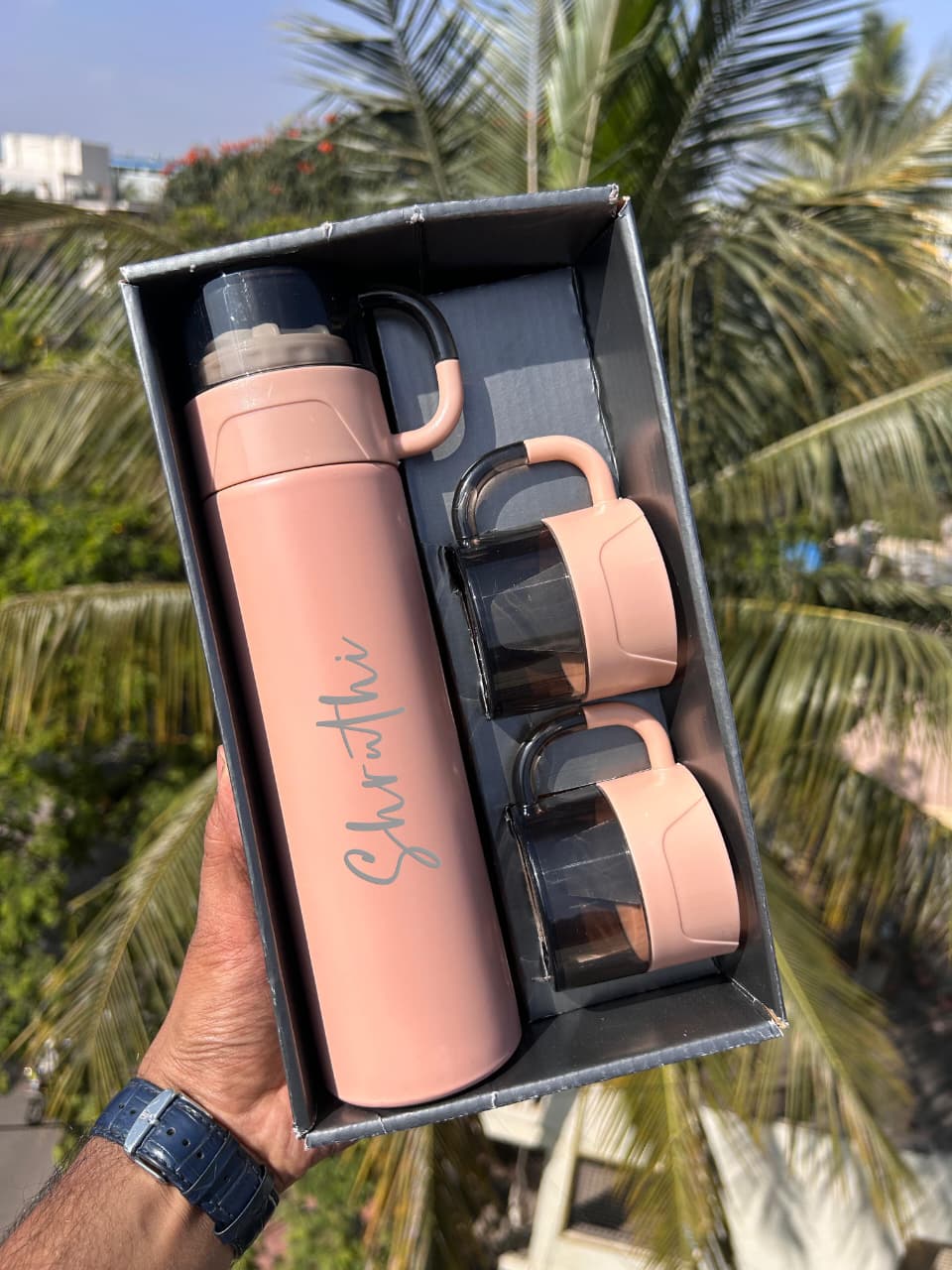 Personalized Alexa Flask Cup Gift Set | 500ML Flask with 2 Cups | Custom Name Engraved Gift Set