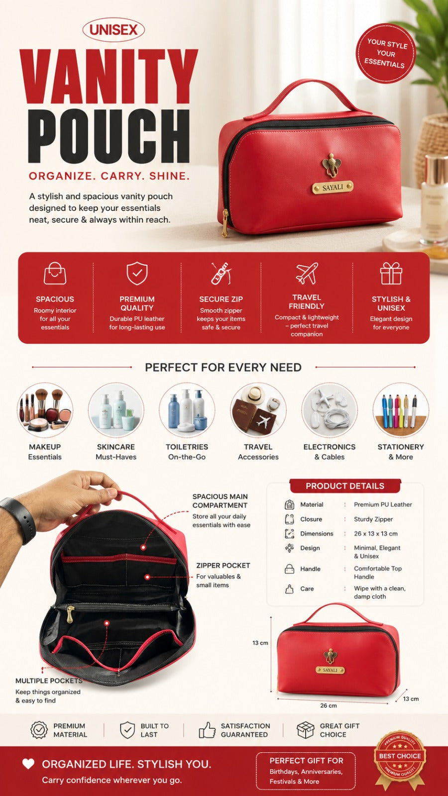 Personalized Unisex Vanity Pouch with Name Tag & Charm | Premium Travel Organizer
