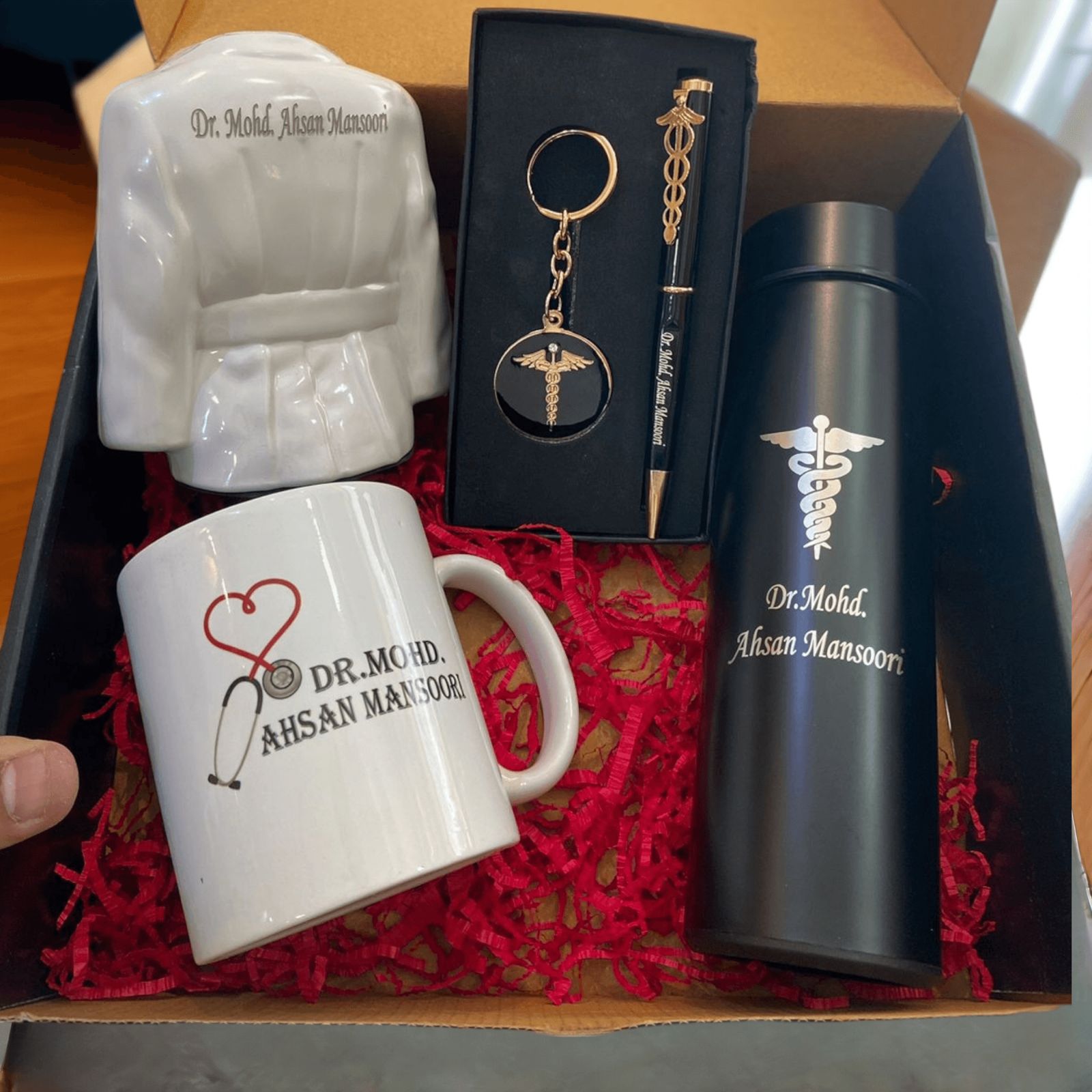 Doctor's Personalized Premium Gift Hamper | Mug, Bottle, Keychain, Pen & Coat Mug Set