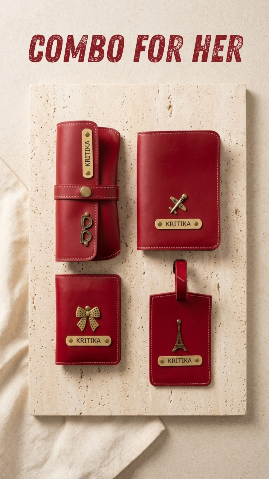 Personalized Combo for Her – Passport Cover, Wallet, Eyewear Case & Luggage Tag Gift Set