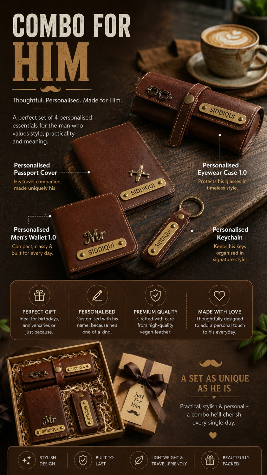 Personalized Combo for Him – Wallet, Keychain, Eyewear Case & Luggage Tag Gift Set
