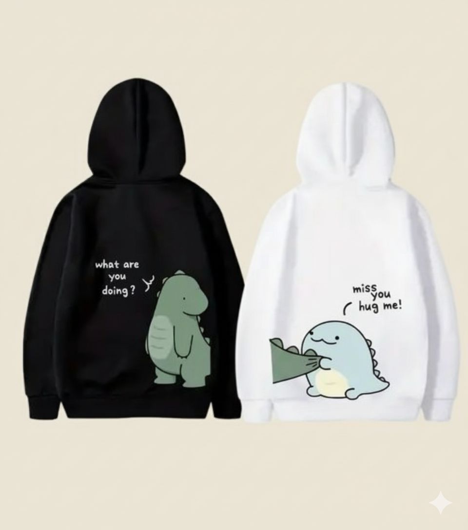 Cute Matching Couple Hoodies with Hugging Dinosaur Print – Romantic His & Hers hoodies