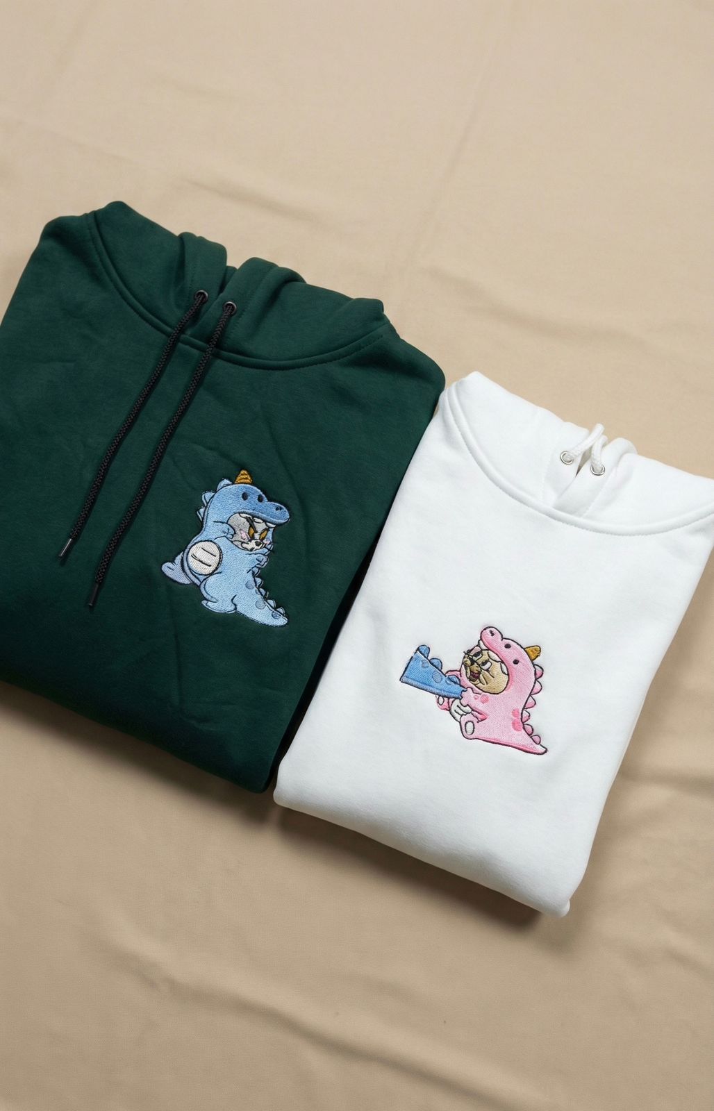 Matching Couple Hoodies for Men & Women – Cute Dino Embroidered Fleece Sweatshirts