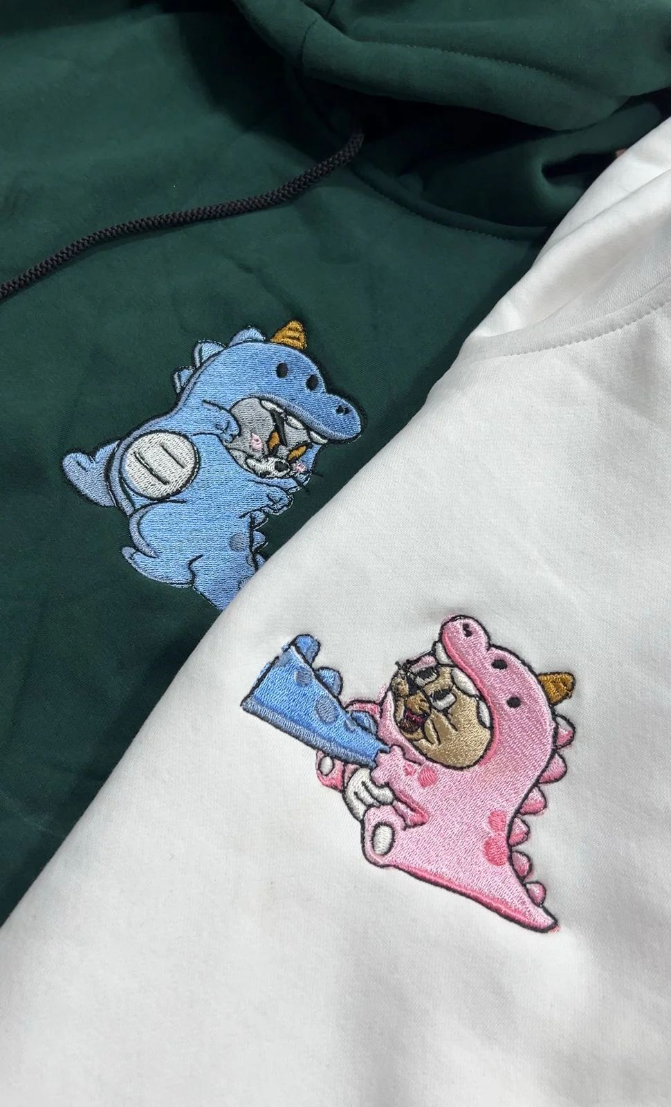 Matching Couple Hoodies for Men & Women – Cute Dino Embroidered Fleece Sweatshirts