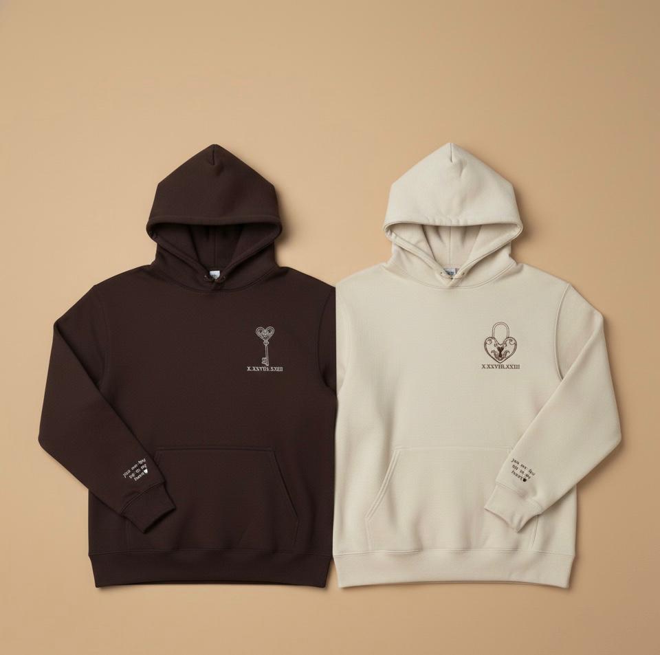 Lock and Key embroidery  Matching Couple Hoodies – Unisex His & Her hoodies