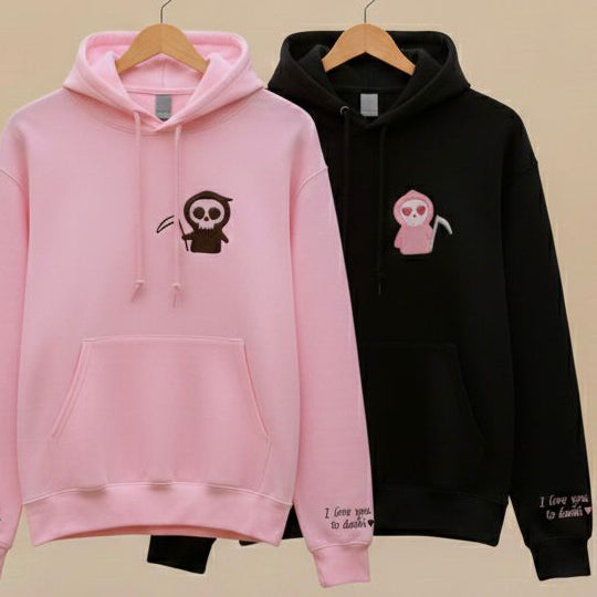 Matching Couple Hoodies with Cute Grim Reaper Design – His & Hers Unisex hoodies