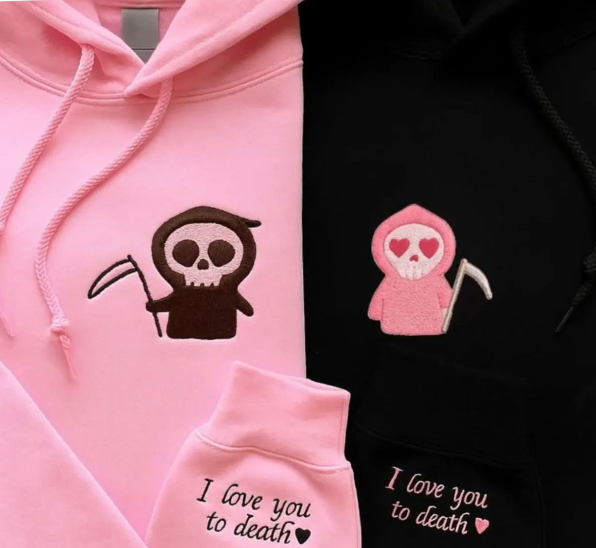 Matching Couple Hoodies with Cute Grim Reaper Design – His & Hers Unisex hoodies