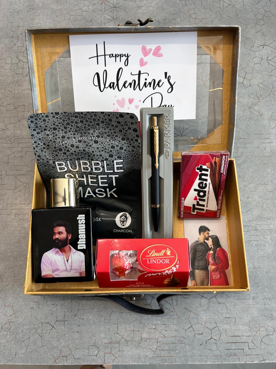 Personalized Valentine’s Day Gift Box for Him – Custom Photo &  Perfume Hamper with Parker Pen, Chocolates, & Skincare