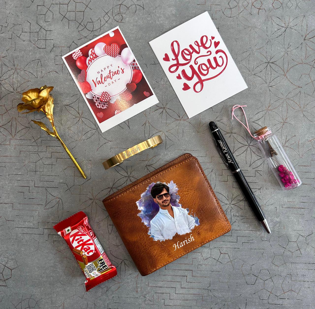 Custom Gift Combo for Him: Photo Print Leather Wallet, Engraved Pen & Bracelet