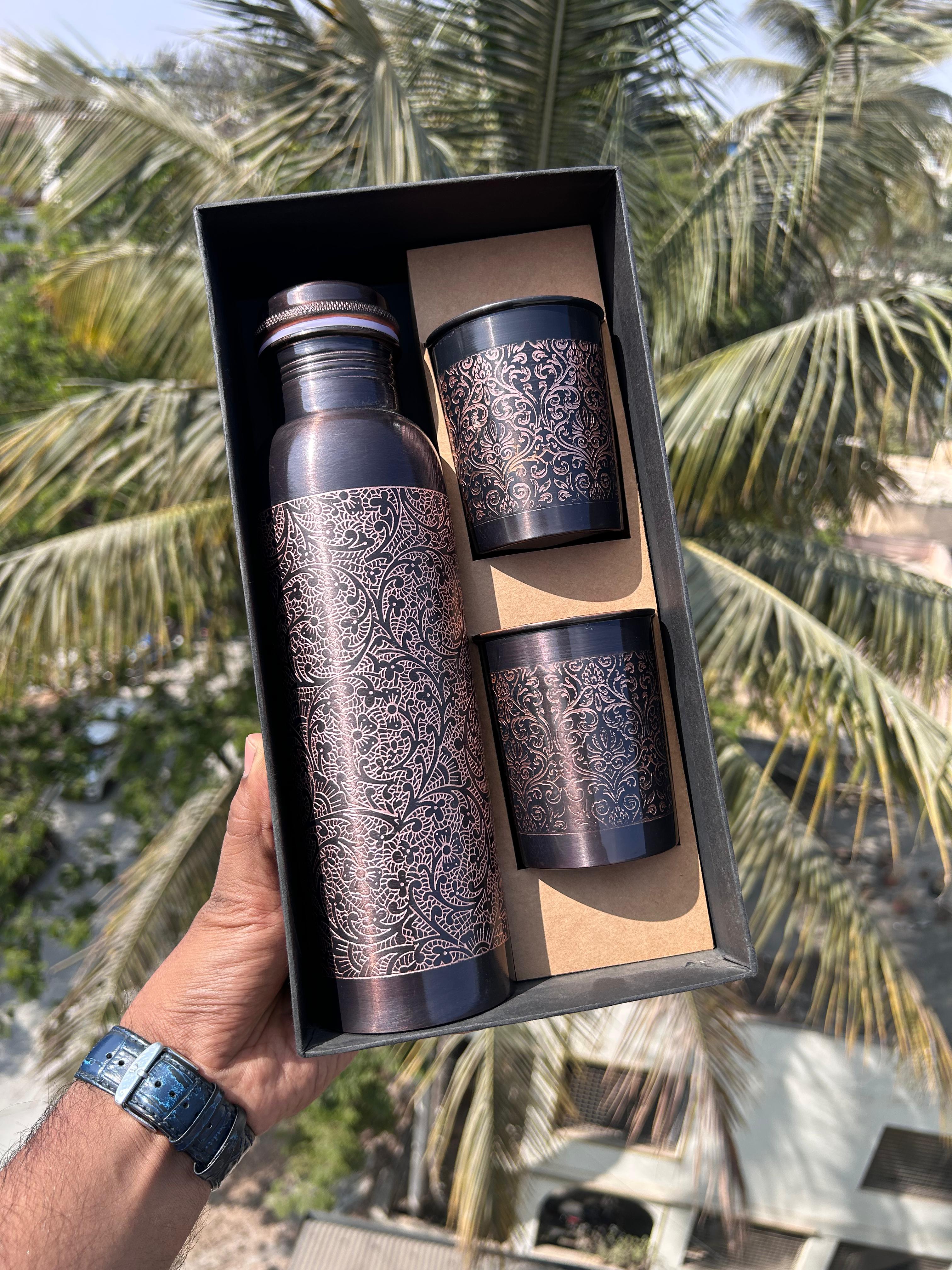 Antique  Meenakari  Copper Water Bottle Set with 2 Glasses