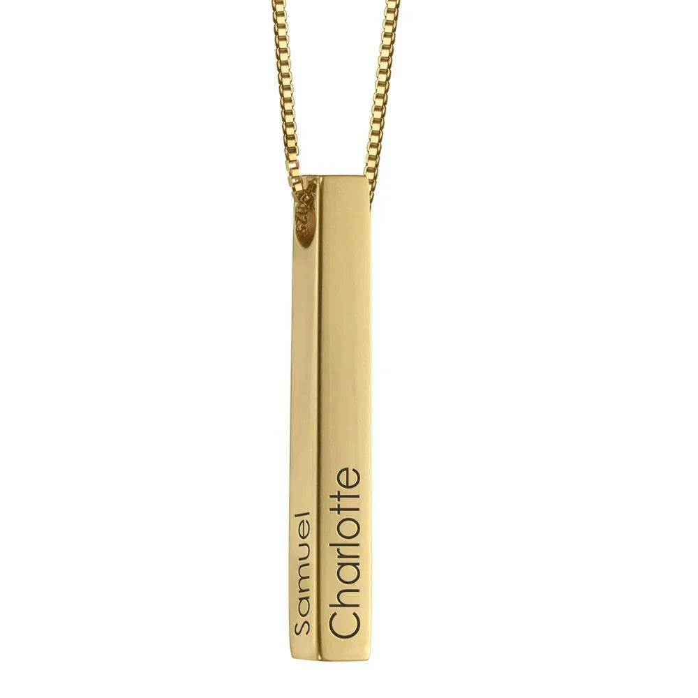 Detailed shot of the 3D engraved custom bar pendant featuring personalized initials and a special message